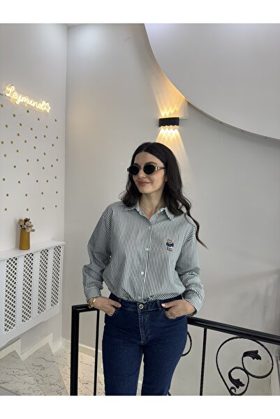 Butik Yeşil beyaz çizgili gömlek