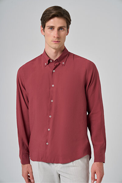 Morven Men's Burgundy Trendy Plain Pattern Dynamic Fit Buttoned Collar Shirt