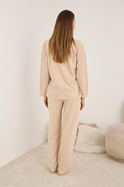 Siyah İnci Salmon Embroidered Fleece Winter Waffle Knitted Fabric Pajama Set