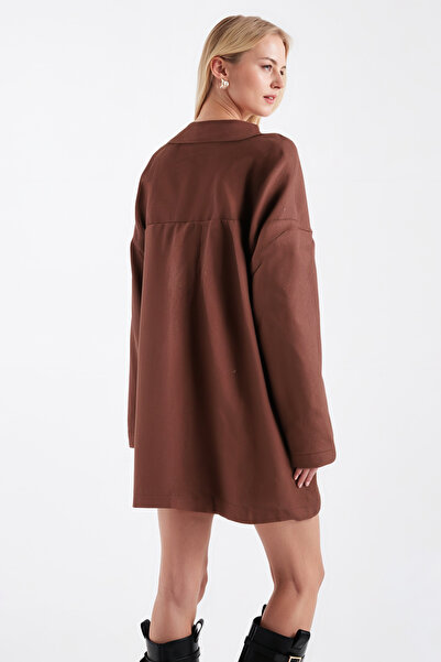 armonika Women's Light Brown Men's Collar Oversized Jacket with Side Slits Arm-26K001009