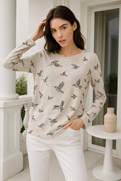 Rich Γυναικεία μπλούζα με μακρύ μανίκι με λαιμόκοψη σε εκρού χρώμα