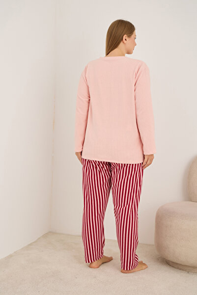 Siyah İnci Σετ πιτζάμες με ριγέ φιόγκο σολομού, κεντημένο με φλις μεγάλου μεγέθους, χειμερινό πλεκτό σετ πιτζάμες