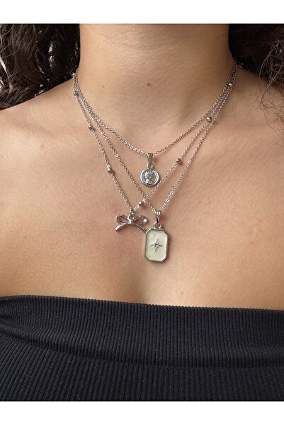 M Miel Polar Star Bow Silver Combination Necklace 3-Piece Set