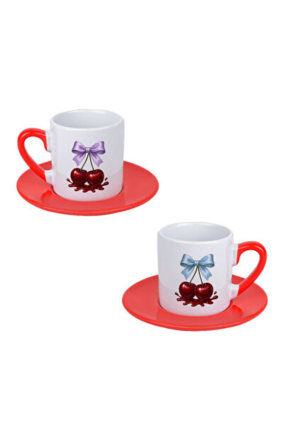 giftkonsept 4-Piece Porcelain Turkish Coffee Cup Set with Bowknot Cherry Print