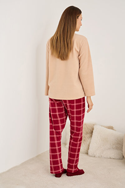 Siyah İnci Salmon Teddy Bear Embroidered Plaid Ribbed Fleece Winter Knitted Pajama Set