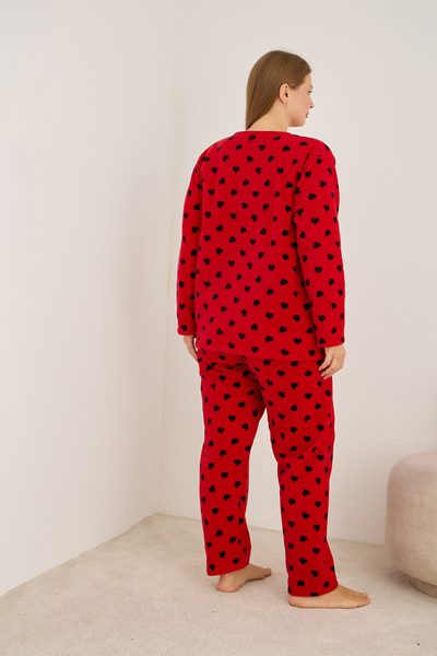 Siyah İnci kırmızı kalp desenli Nakışlı Büyük Beden Polar Kışlık Örme Pijama Takım