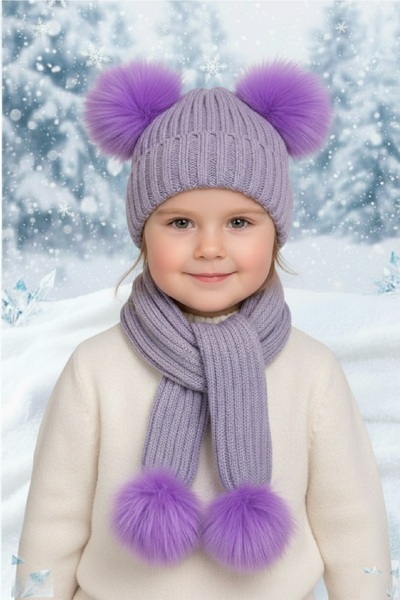 Panowill Design Baby Girl Cotton Pompom Soft Lilac Color Scarf Beanie Set 0-3 Years Old