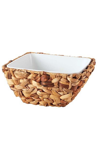 Bien Servi Square Ceramic Serving Bowl with Rattan Basket - White and Brown