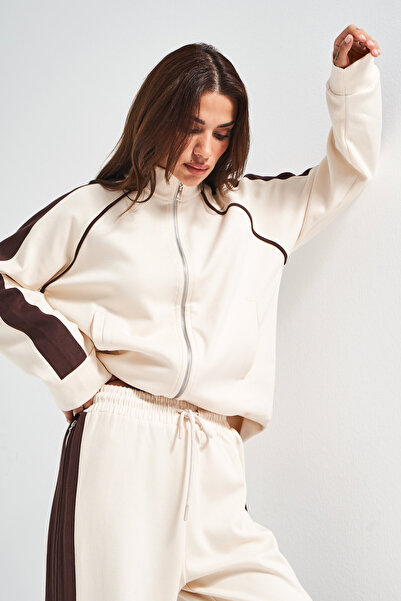 its basic Γυναικείο Σετ Φούτερ από Πλεκτό Ύφασμα σε Χρώμα Εκρού w5-101 με Φλις Πάτο Φούτερ Σετ 2 τεμαχίων Σχέδιο Συνδυασμού