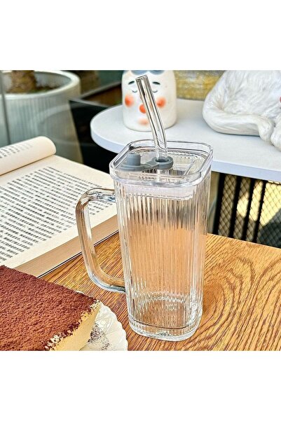 Flippy Flippy Glass Drink Cup, 330 ml, Straw, Clear Vertical Stripes Pattern,...