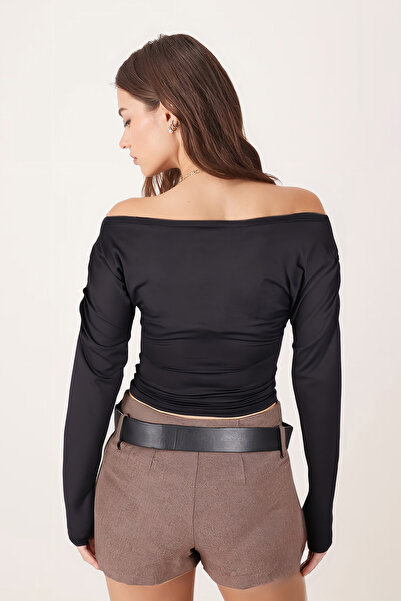 armonika Women's Black Gathered Sleeve Crop Blouse Arm-26K042015