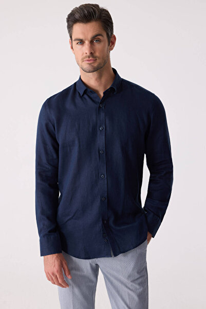 Ysf Men's Navy Blue Slim Fit Classic Collar Linen Shirt