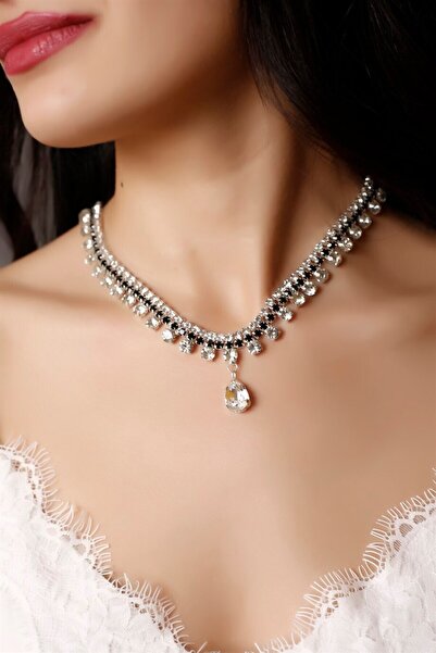 BİJUTERRİ Gümüş Kaplama Silver Damla Taşlı Zirkon Choker Kolye Gerdanlık Kadı...