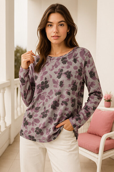 Rich Women's Purple Patterned Wide Fit Crew Neck Long Sleeve Blouse