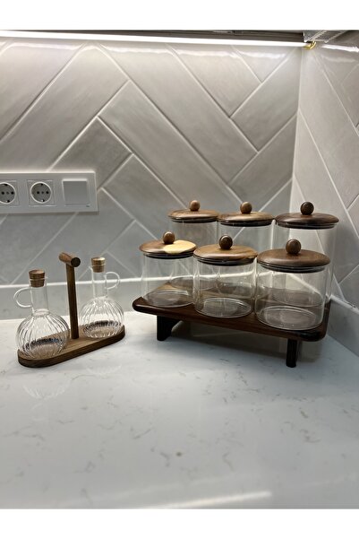 Sade Hediye 6-Piece Acacia Lid Spice Jar Set with Stands/2-Piece Glass Oil Pot Sauce Bowl