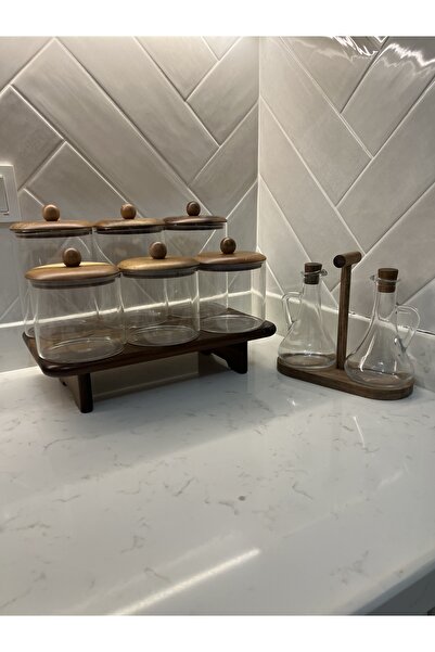 Sade Hediye 6'lı Stantlı Akasya Kapaklı Baharatlık Seti/2'li Cam Yağdanlık So...