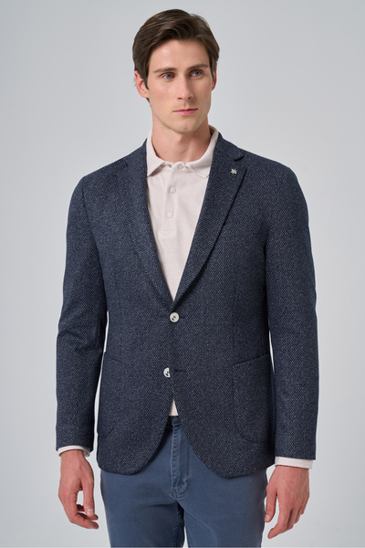 Morven Men's Navy Blue Knitted Trendy Patterned Slim Fit Mono Collar Jacket