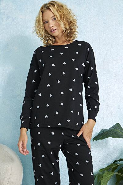 STELLAPİNK Kalp Desenli Uzun Kollu Pijama Takımı