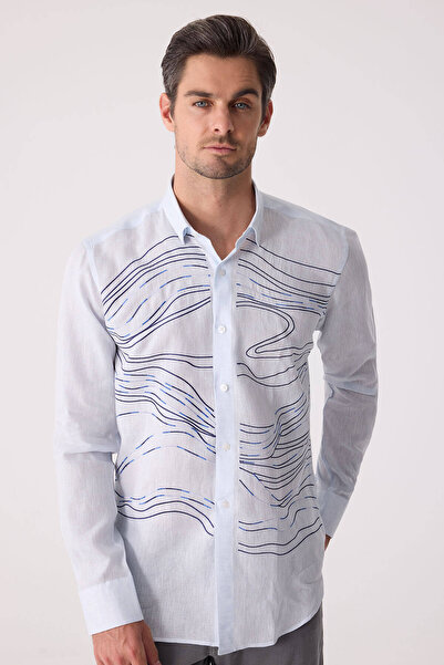 Ysf Men's Ice Blue Hidden Collar Buttoned Linen Slim Fit Shirt