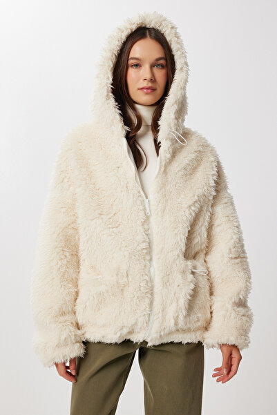 Lovelyİstanbul Kapüşonlu Oversize Suni Kürk Kaban LCI0041 KEMİK