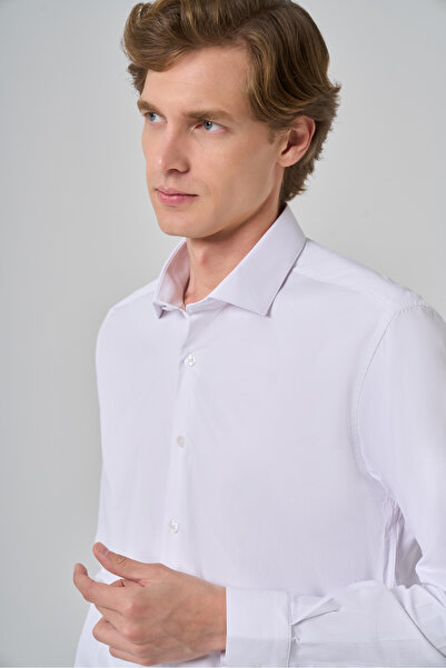 Morven Cămașă albă pentru bărbați, cu model simplu, cu guler italian, slim fit