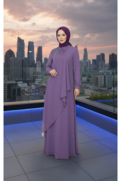 ALA MİRA Omuzu Taşlı Allerli Lila Tesettür Abiye Elbise ALM52045LİLA