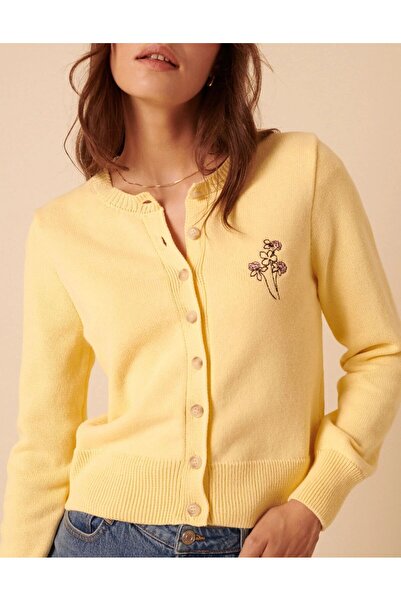 NOTCHTR Women's Yellow Floral Embroidered Crew Neck Knit Cardigan