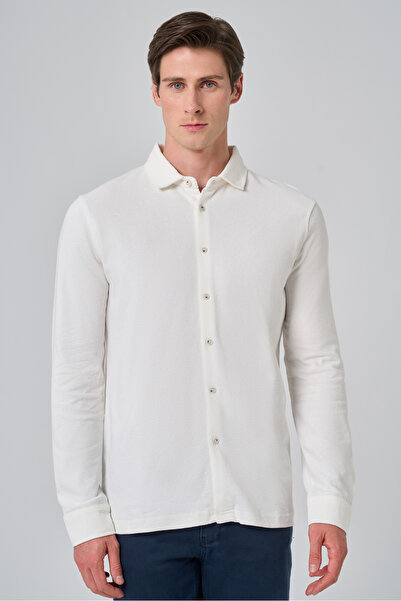 Morven Men's Ecru Cotton Trend Tree Bark Pattern Dynamic Fit Italian Collar Shirt