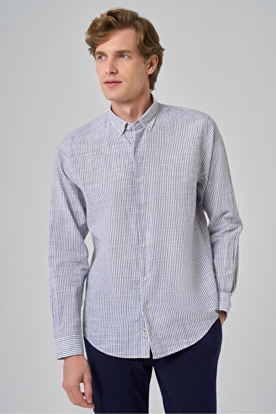 Morven Чоловіча сіра бавовняна сорочка з смужками Dynamic Fit та ґудзиковим коміром