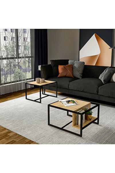 İNARCH DİZAYN Batı 2’li Modern Orta Sehpa Takımı – Metal Ayaklı, Alt Raflı Safir Meşe