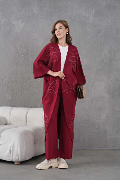 Miss Allos Women's Beaded Wide-Fit Knitwear Cardigan and Pants Bottom-Top Set