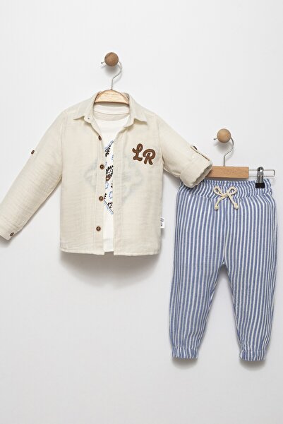 ETİC MODA Boy's 3-Piece Combination Set – Printed T-Shirt and Striped Pants