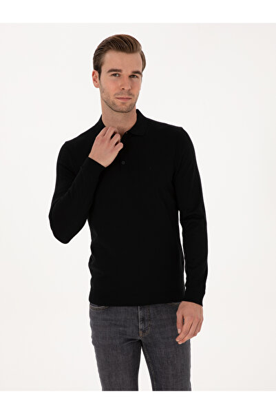 Cacharel Siyah Slim Fit Yün Karışımlı Polo Yaka Basic Triko Kazak 50315267-VR046