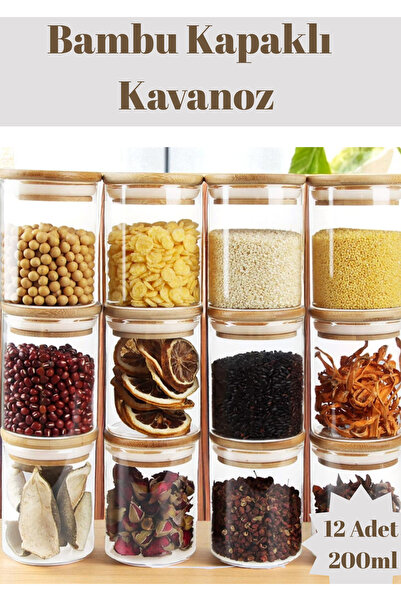 Flash Bazaar Bambu Kapaklı Vakumlu Borosilikat Cam Kavanoz 12 Adet 8 cm X 6,5 Cm 200 ml