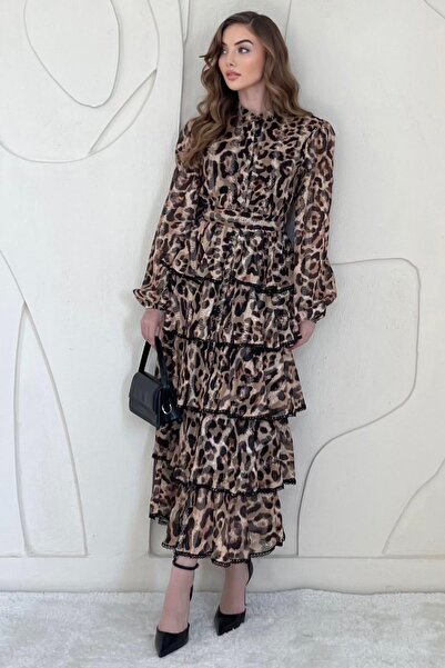 Elbee Fashion Woman Leopar Desenli Volanlı Şifon Elbise