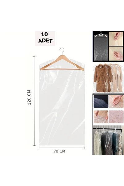 HG Tedarik 10 Adet 70*120 Cm Şeffaf Elbise Poşeti, Askı Delikli Omuz Kesimli Koruyucu Elbise Kıyafet Hurcu