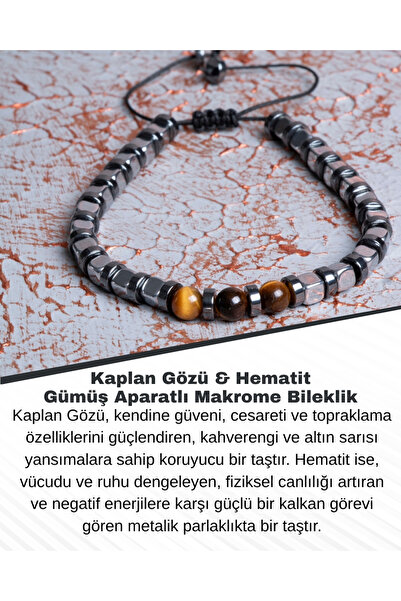 Saff Doğal Taş Macrame Bracelet with Tiger's Eye & Hematite & Silver Apparatus