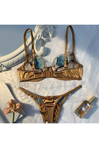 Accessories Hei Bronze Embroidered Lace Stylish Shiny Sexy Women's Daily Two-Piece Underwear Set