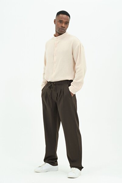 RELAXL Pleated Elastic Waist Lace-Up Wide Leg Brown Baggy Trousers