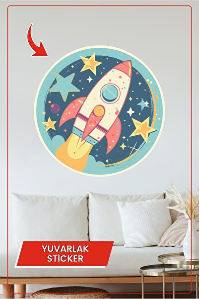 KOSS Dijital Autocolant rotund cu rachete și cer înstelat pentru camera copiilor, cu tematică spațială, autocolant decorativ pentru perete