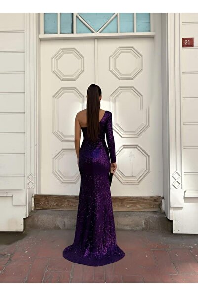 SELİN MODA EVİ Trend Kadife Pulpayet Yırtmaçlı Uzun Kol Elbise 583356 MOR