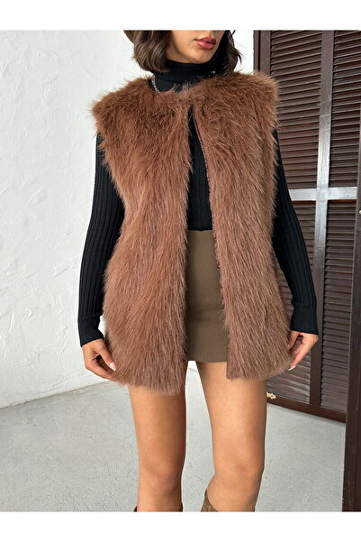 Caddebostan Moda Light Brown Feather Long Fur Stylish Special Design Women's Vest
