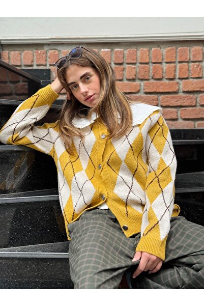 Retrobird Baklava Desenli Hırka Kadın Hardal