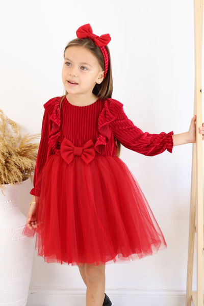 Serkon BABY Bandanalı Kabarık Tütü Arka Büyük Fiyonklu Kadife Bebek Elbise