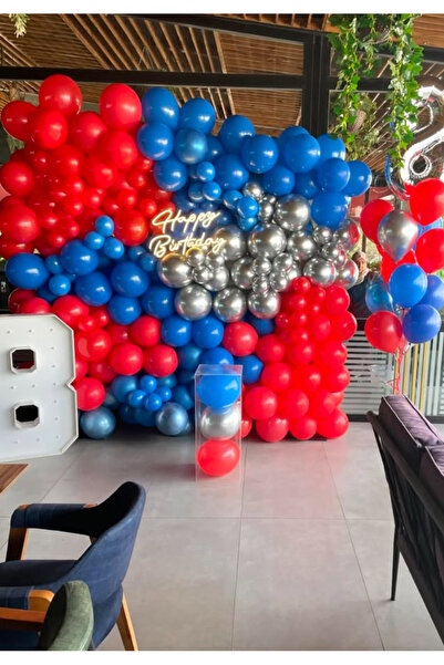 Çemrek Süs Parti مجموعة بالونات باللون الأحمر والأزرق الداكن والفضي والكروم م...