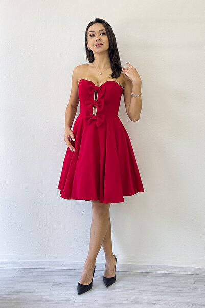 the ZKS Women's Red Short Strapless Bow Detail Evening Dress