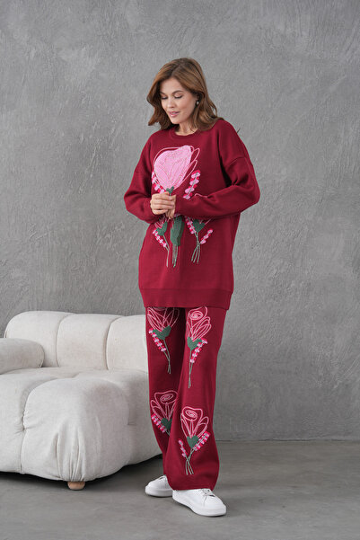 Miss Allos Women's Beaded and Embroidered Wide-Fit Knitwear Sweater and Pants Top and Bottom Set