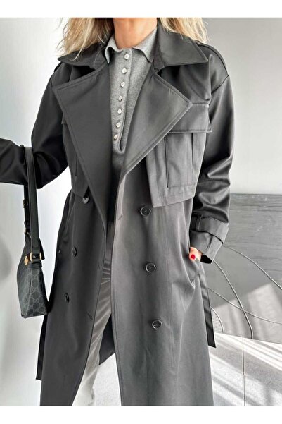 QİMYA BUTİK Egzoti̇k Women's Large Pocket Tok Fabric Classic Trench Coat