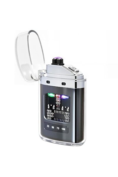 OptimStar Brichetă electrică, reîncărcabilă, cablu USB, arc electric, afișaj LED pentru baterie, rezistentă la vânt, argintie