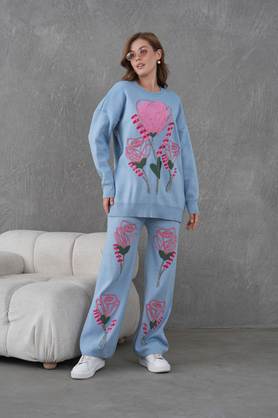 Miss Allos Women's Beaded and Embroidered Wide-Fit Knitwear Sweater and Pants Top and Bottom Set